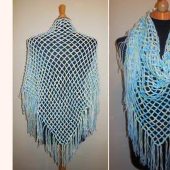 Crochet Shawl Fringed NEW Handmade Pastel Blue - Picture 6 of 6